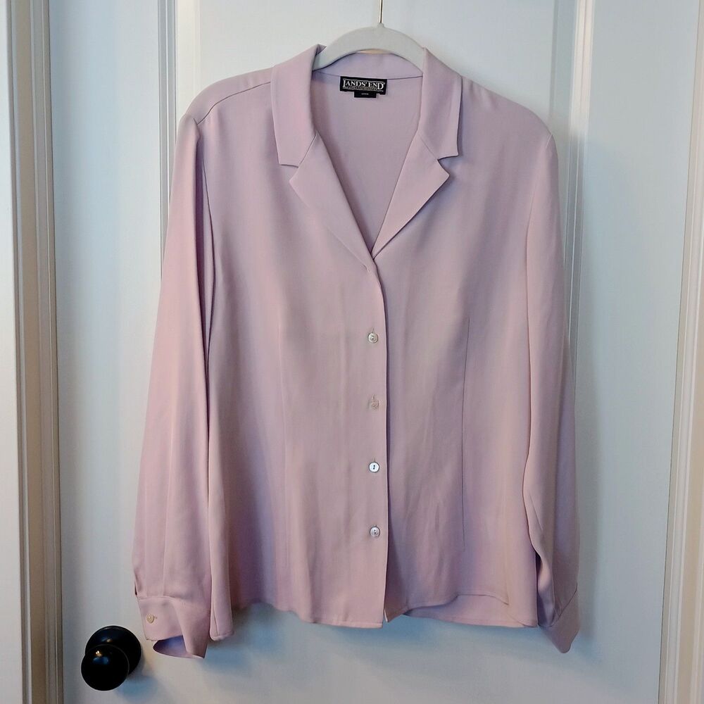 Lands' End Direct Merchants Silk Blouse Womens P Petite Lilac Purple Button Up